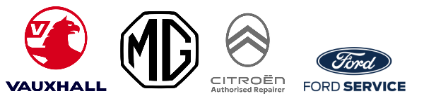Logos of Vauxhall, MG, Citroën Authorised Repairer, and Ford Service.