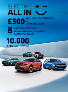 Five electric cars with text about wall box contribution, warranty, and free miles offer.