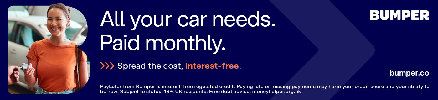 Woman in an orange shirt smiling, text about car payments and Bumper logo next to her.