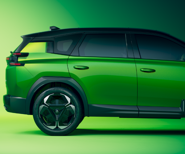Side view of a green SUV with black roof, focusing on rear passenger door and wheel.