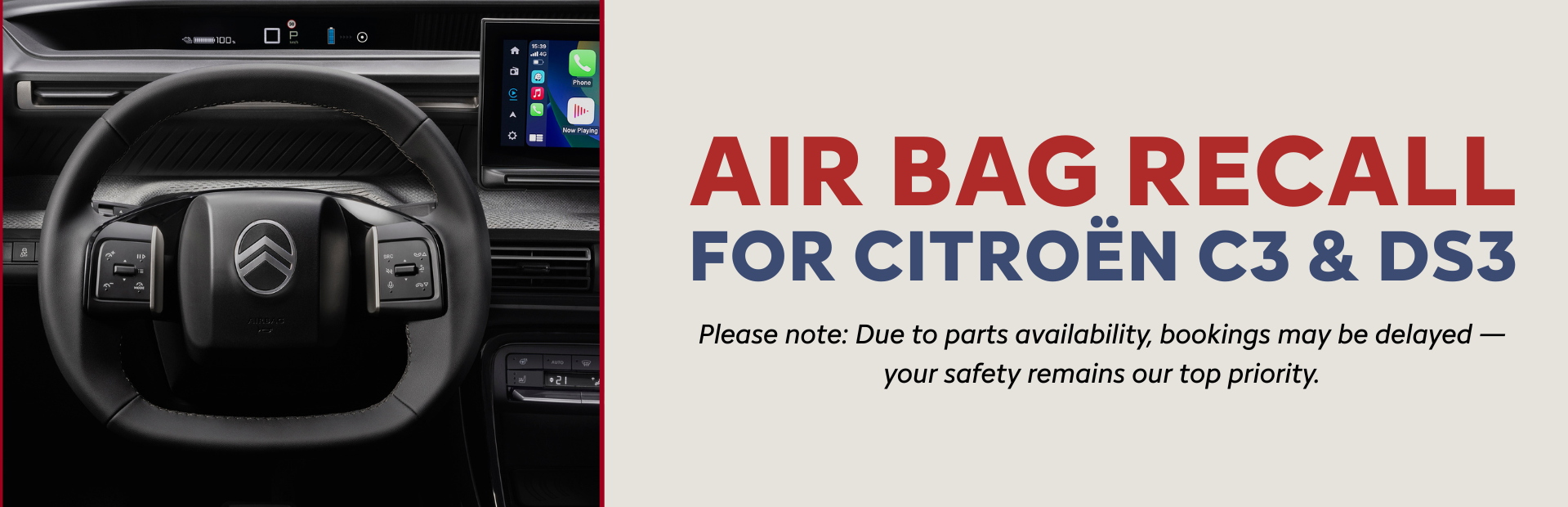 Citroën C3 and DS3 airbag recall notice with steering wheel and infotainment display.