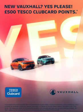 Two Vauxhall cars with Tesco Clubcard and Vauxhall logos, text about £500 Clubcard points.