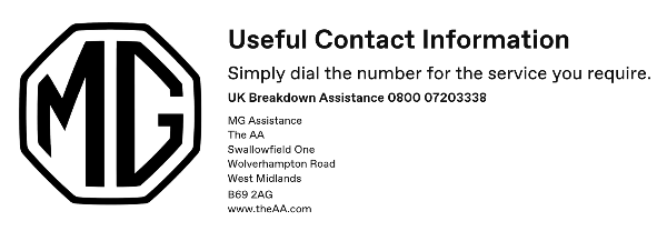 MG logo with contact information for UK Breakdown Assistance.