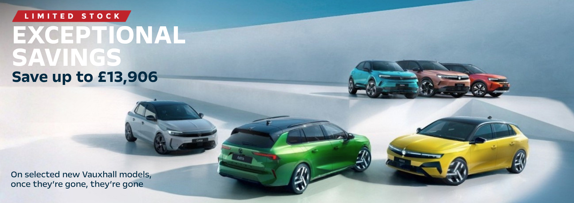 Five Vauxhall cars in different colours with promotional text.