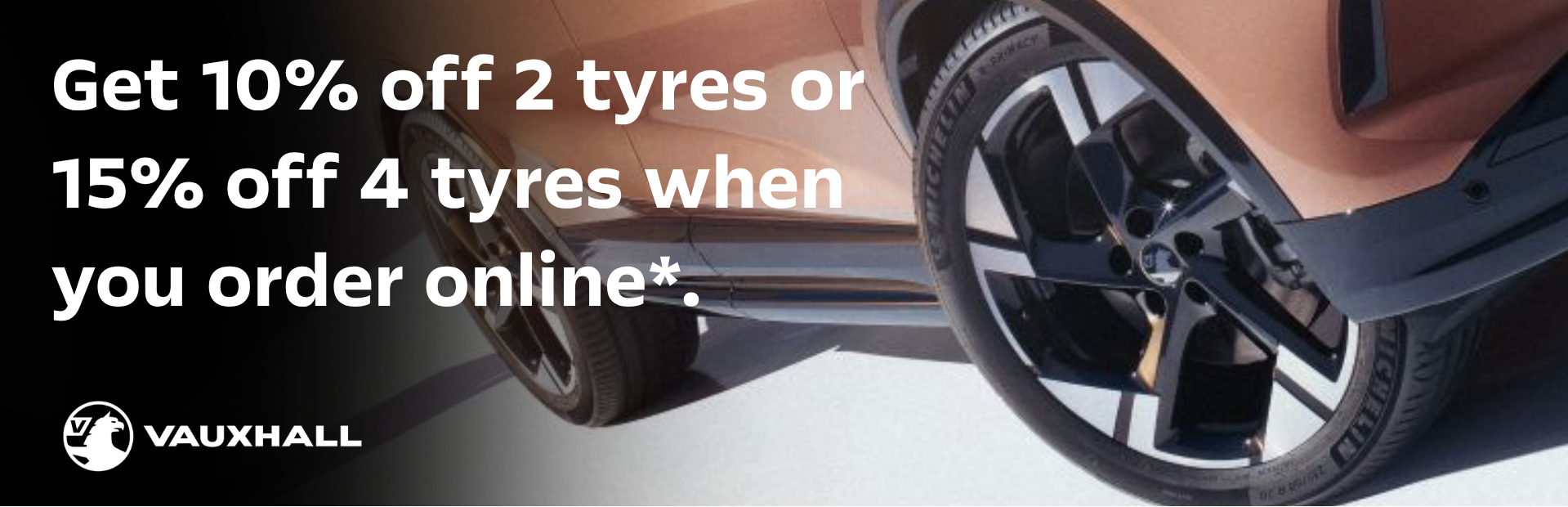 Discounts on tyres are promoted next to a close-up of a car wheel.