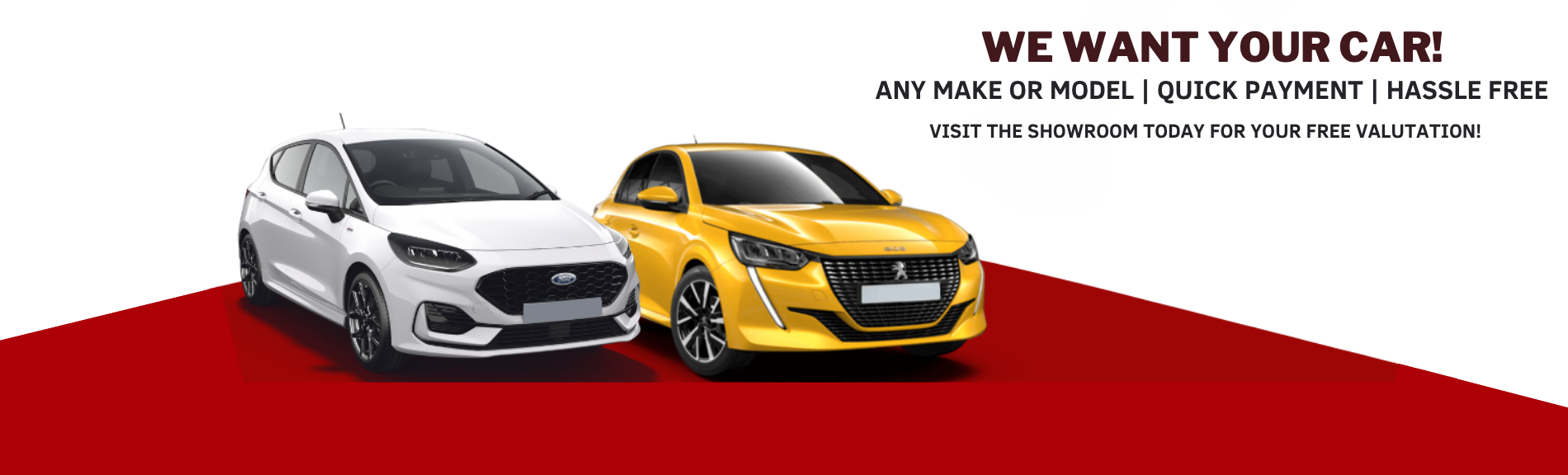 Two cars, one white and one yellow, with text about car valuation services.
